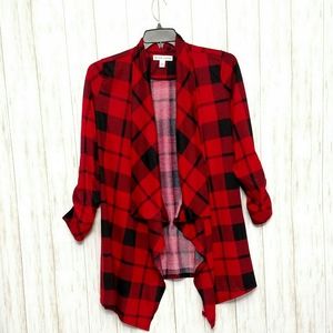 Red Black Plaid Open front Cardigan